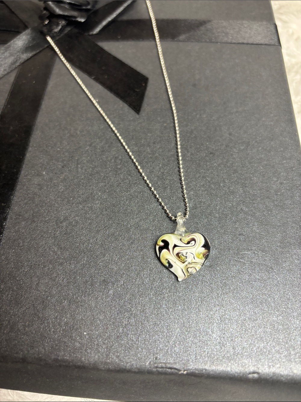 Heart Glass Pendant Necklace in Cream and Black - Women Jewelry